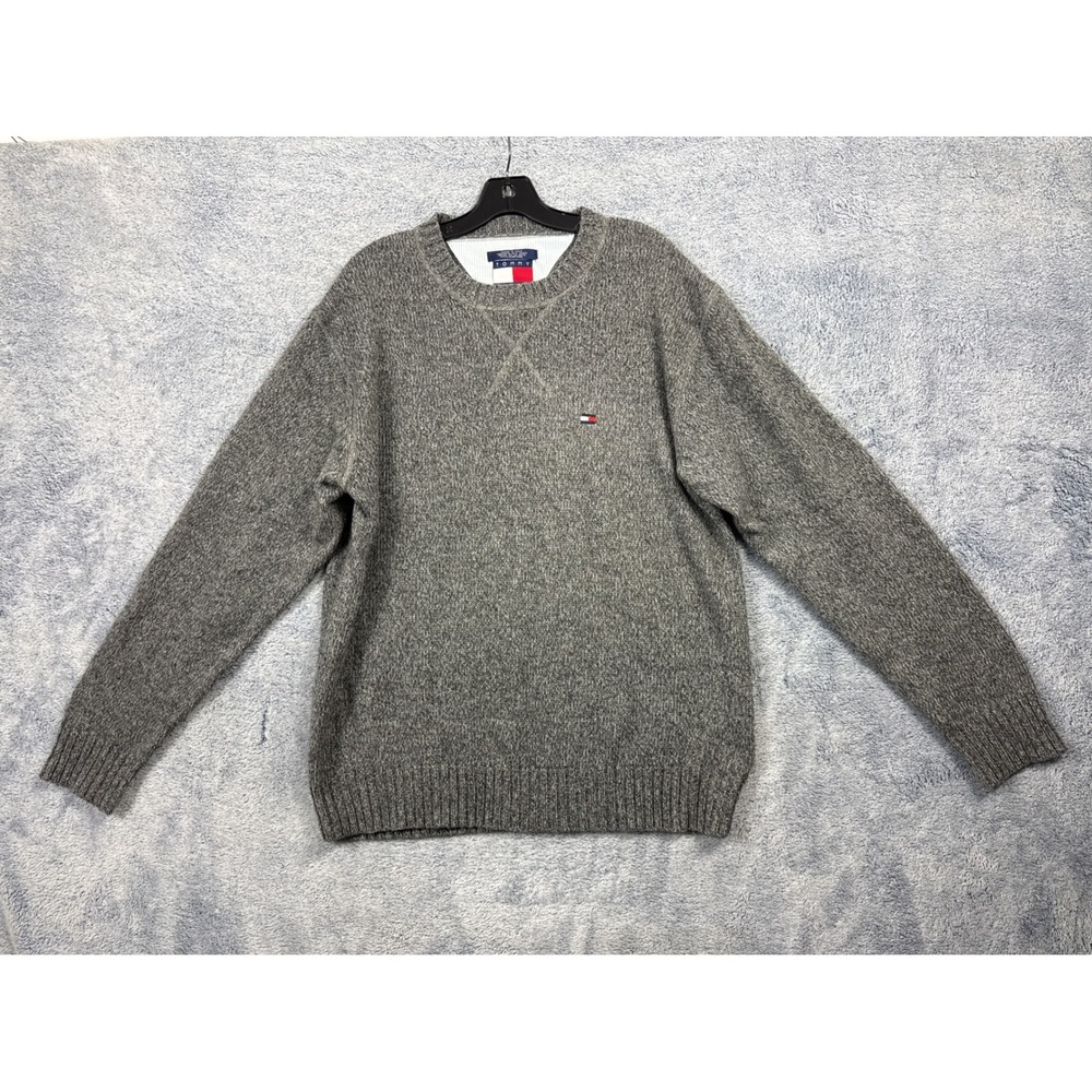 Tommy Hilfiger Mens XL Grey Lambswool Crewneck Sweater Knit Pullover Logo 9954